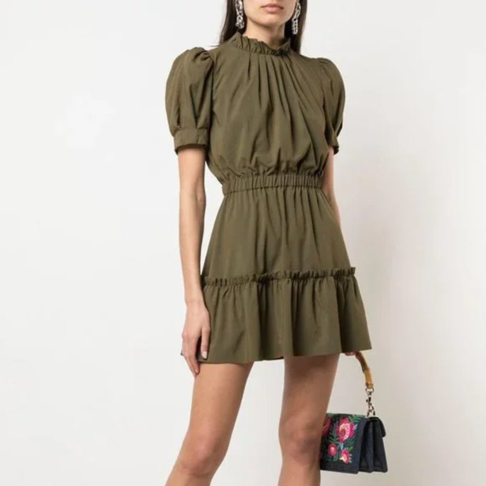 Alice + Olivia Olive Green Short Puff-Sleeve Mini Dress